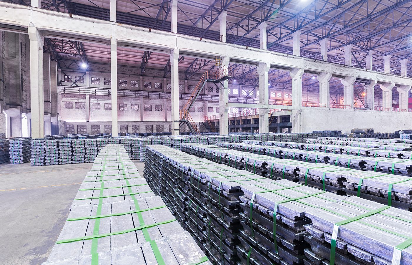 lead ingots in a factory warehouse, industrial manufacturing background
